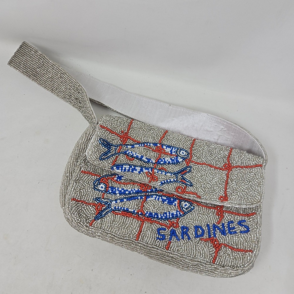 On 34th Beaded Sardine Fish Novelty Shoulder Bag Silver Blue Red Net Flap Clutch